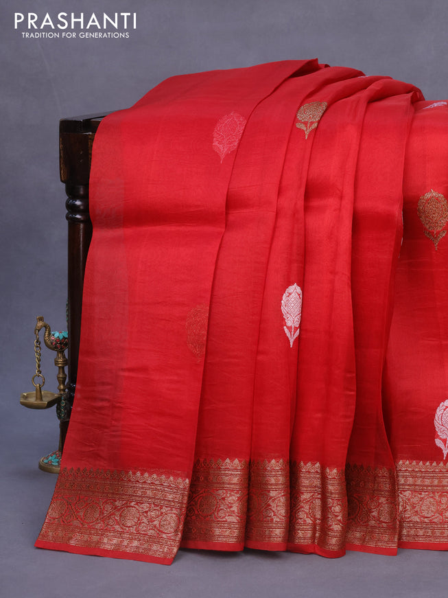 Banarasi organza silk saree red with thread & zari woven buttas and banarasi style border