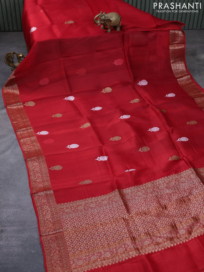 Banarasi organza silk saree red with thread & zari woven buttas and banarasi style border