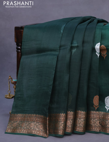 Banarasi organza silk saree dark green with thread & zari woven buttas and banarasi style border