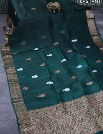 Banarasi organza silk saree dark green with thread & zari woven buttas and banarasi style border