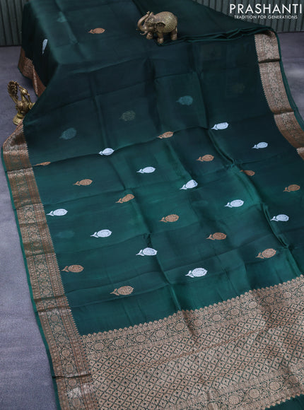 Banarasi organza silk saree dark green with thread & zari woven buttas and banarasi style border