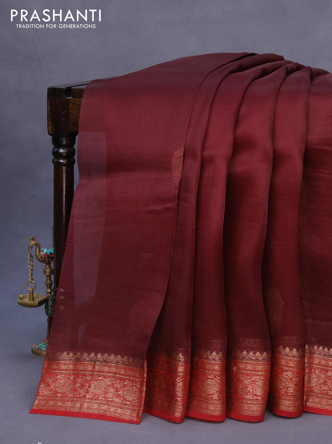 Banarasi organza silk saree coffee brown and maroon with thread & zari woven buttas and banarasi style border