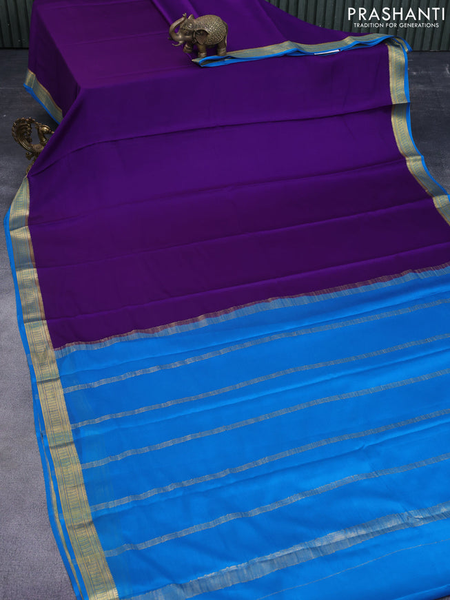 Pure mysore silk saree violet and cs blue with plain body and zari woven border