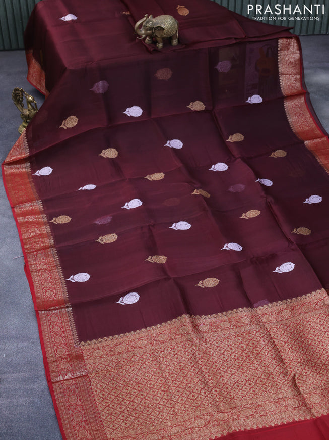 Banarasi organza silk saree coffee brown and maroon with thread & zari woven buttas and banarasi style border