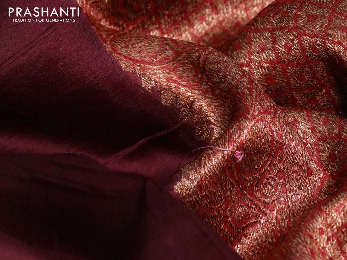 Banarasi organza silk saree coffee brown and maroon with thread & zari woven buttas and banarasi style border