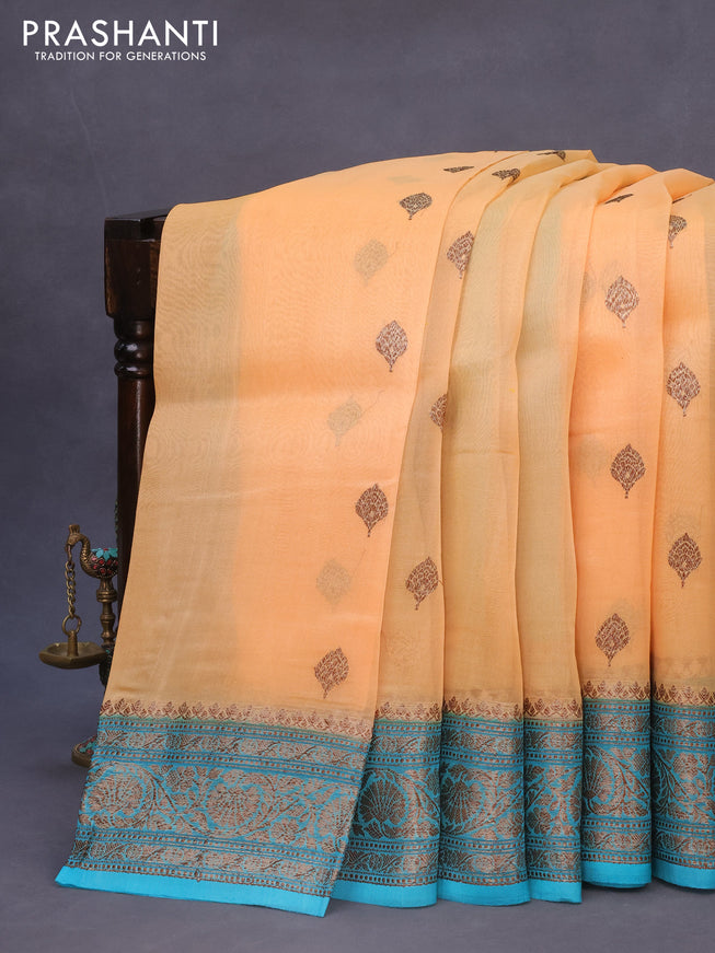 Banarasi organza silk saree pale yellow and teal blue with thread & zari woven buttas and banarasi style border