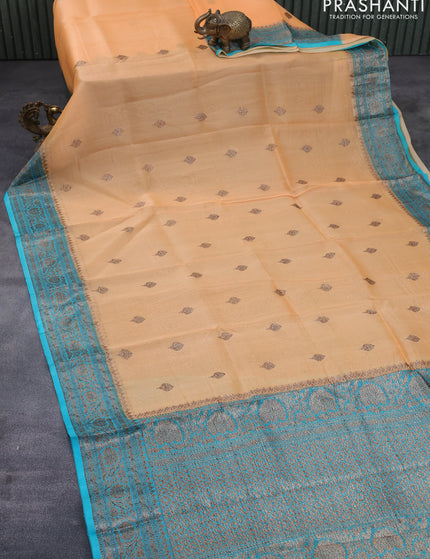 Banarasi organza silk saree pale yellow and teal blue with thread & zari woven buttas and banarasi style border