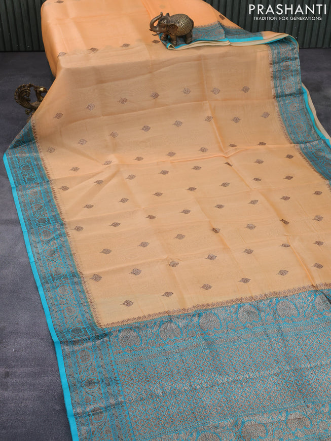 Banarasi organza silk saree pale yellow and teal blue with thread & zari woven buttas and banarasi style border