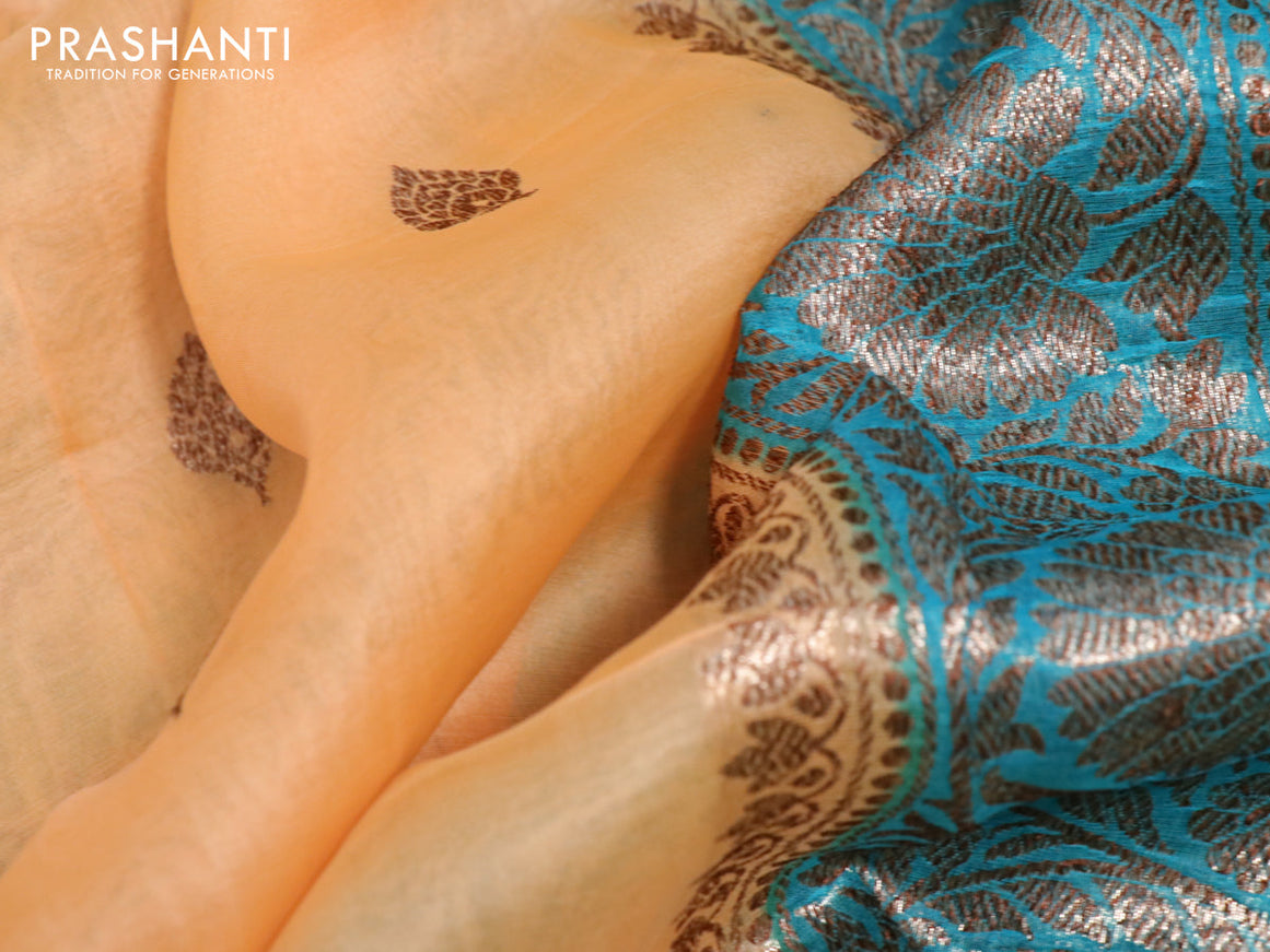 Banarasi organza silk saree pale yellow and teal blue with thread & zari woven buttas and banarasi style border