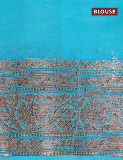 Banarasi organza silk saree pale yellow and teal blue with thread & zari woven buttas and banarasi style border