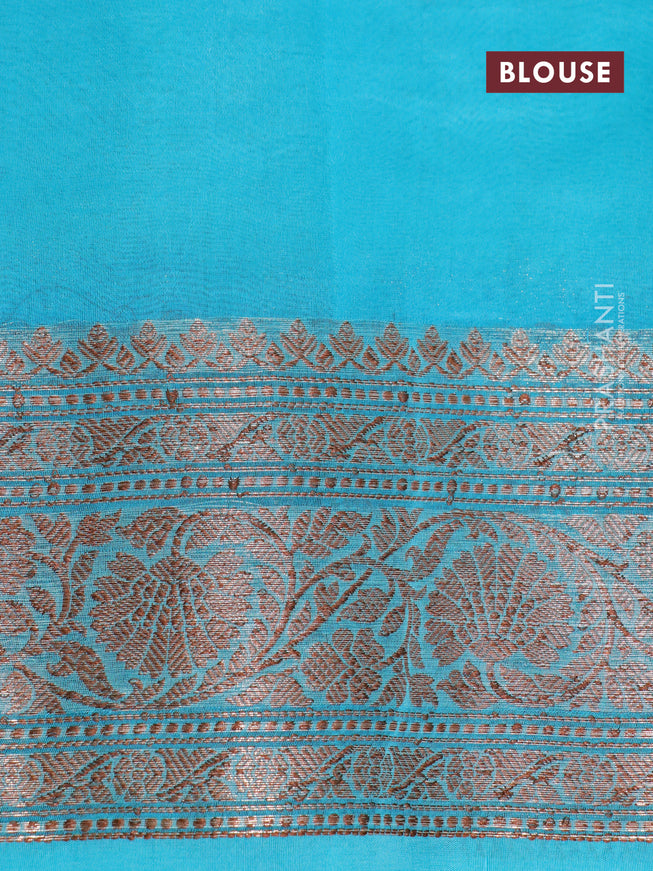 Banarasi organza silk saree pale yellow and teal blue with thread & zari woven buttas and banarasi style border