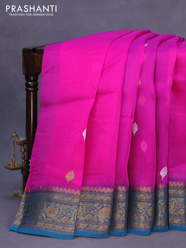 Banarasi organza silk saree pink and blue shade with thread & zari woven buttas and banarasi style border