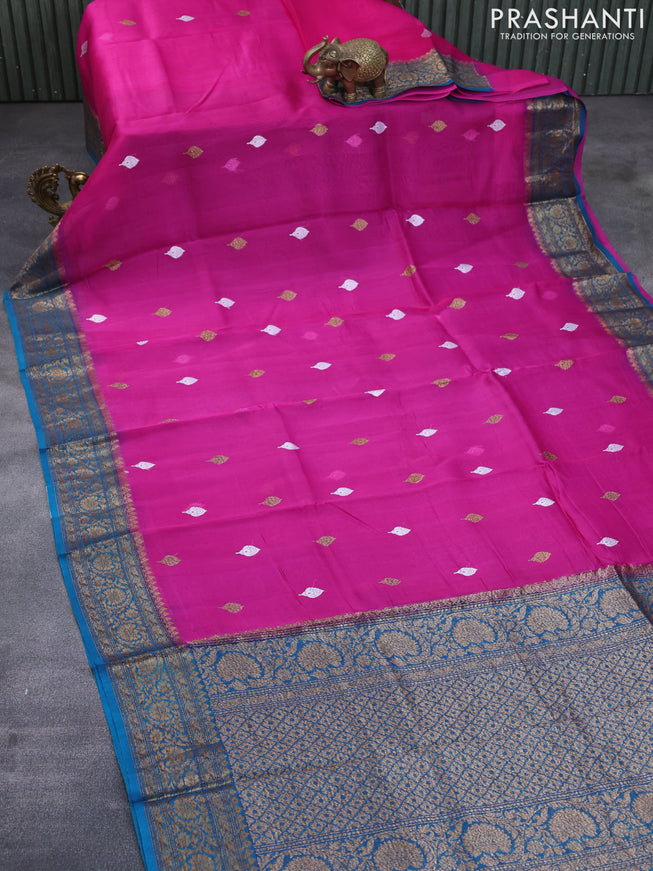 Banarasi organza silk saree pink and blue shade with thread & zari woven buttas and banarasi style border