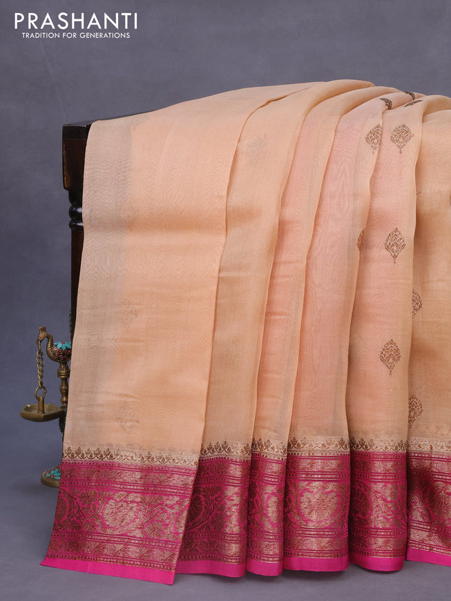 Banarasi organza silk saree beige and pink with thread & zari woven buttas and banarasi style border