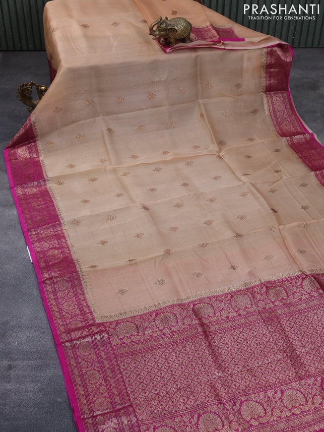 Banarasi organza silk saree beige and pink with thread & zari woven buttas and banarasi style border