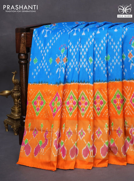 Pochampally silk saree cs blue and orange with allover ikat weaves and long zari woven ikat style border