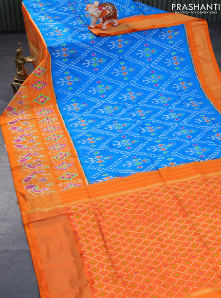 Pochampally silk saree cs blue and orange with allover ikat weaves and long zari woven ikat style border