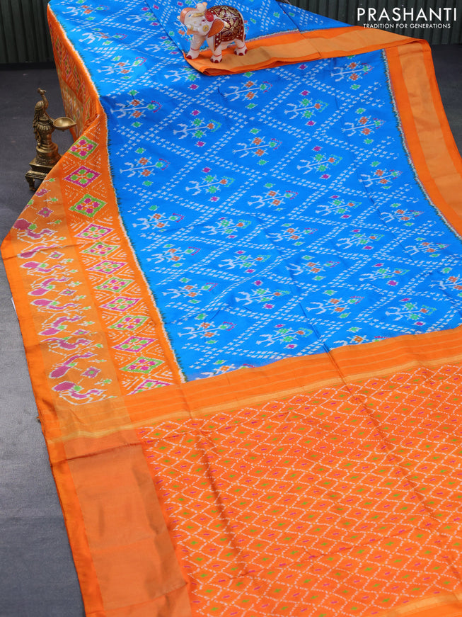 Pochampally silk saree cs blue and orange with allover ikat weaves and long zari woven ikat style border