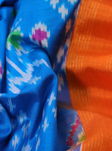 Pochampally silk saree cs blue and orange with allover ikat weaves and long zari woven ikat style border