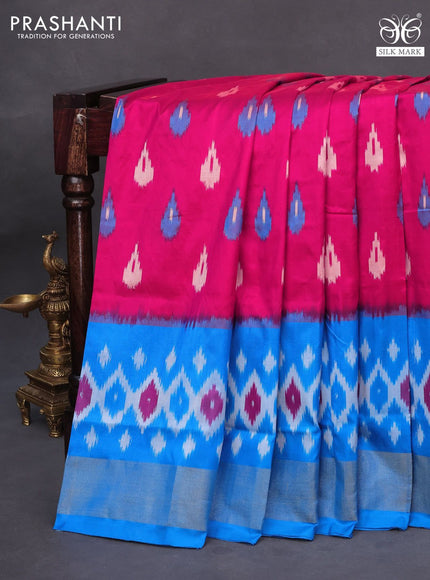 Pochampally silk saree pink and cs blue with allover ikat butta weaves and zari woven border