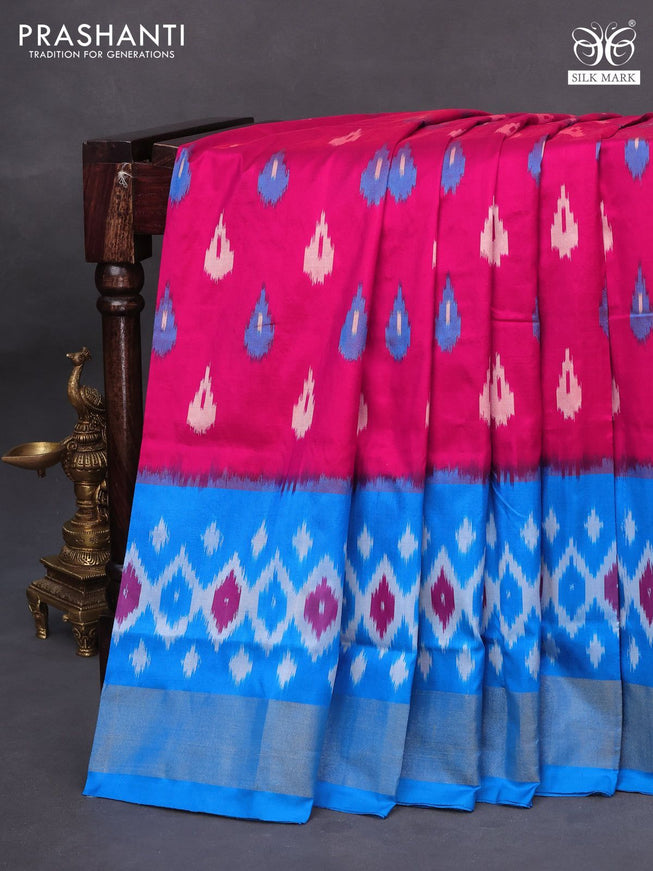 Pochampally silk saree pink and cs blue with allover ikat butta weaves and zari woven border