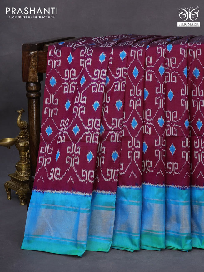 Pochampally silk saree dark magenta pink and dual shade of teal bluish green with allover ikat weaves and zari woven border