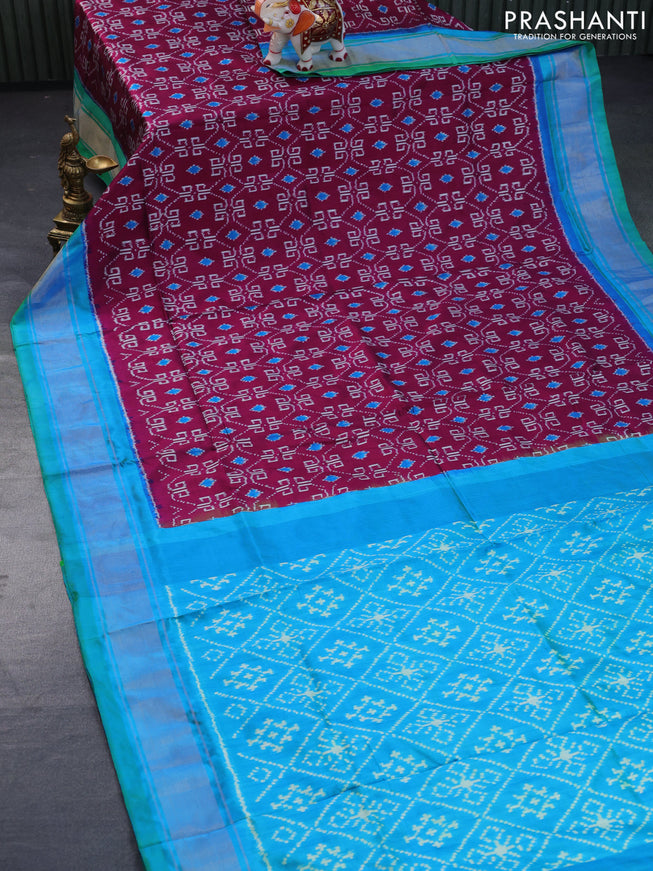 Pochampally silk saree dark magenta pink and dual shade of teal bluish green with allover ikat weaves and zari woven border