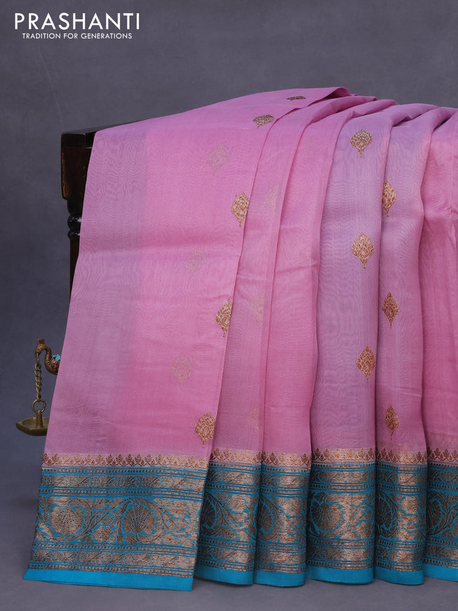 Banarasi organza silk saree mauve pink and teal blue with thread & zari woven buttas and banarasi style border