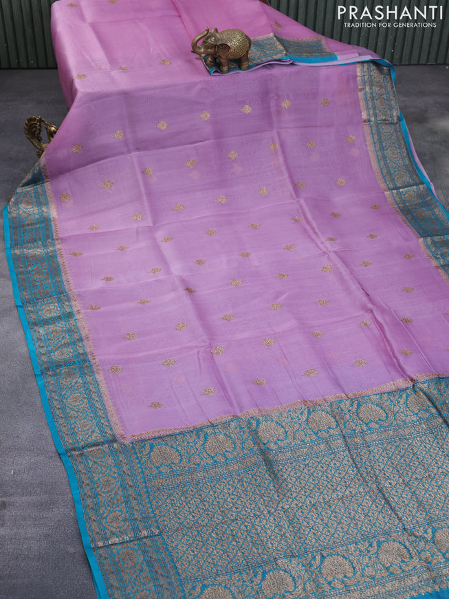 Banarasi organza silk saree mauve pink and teal blue with thread & zari woven buttas and banarasi style border