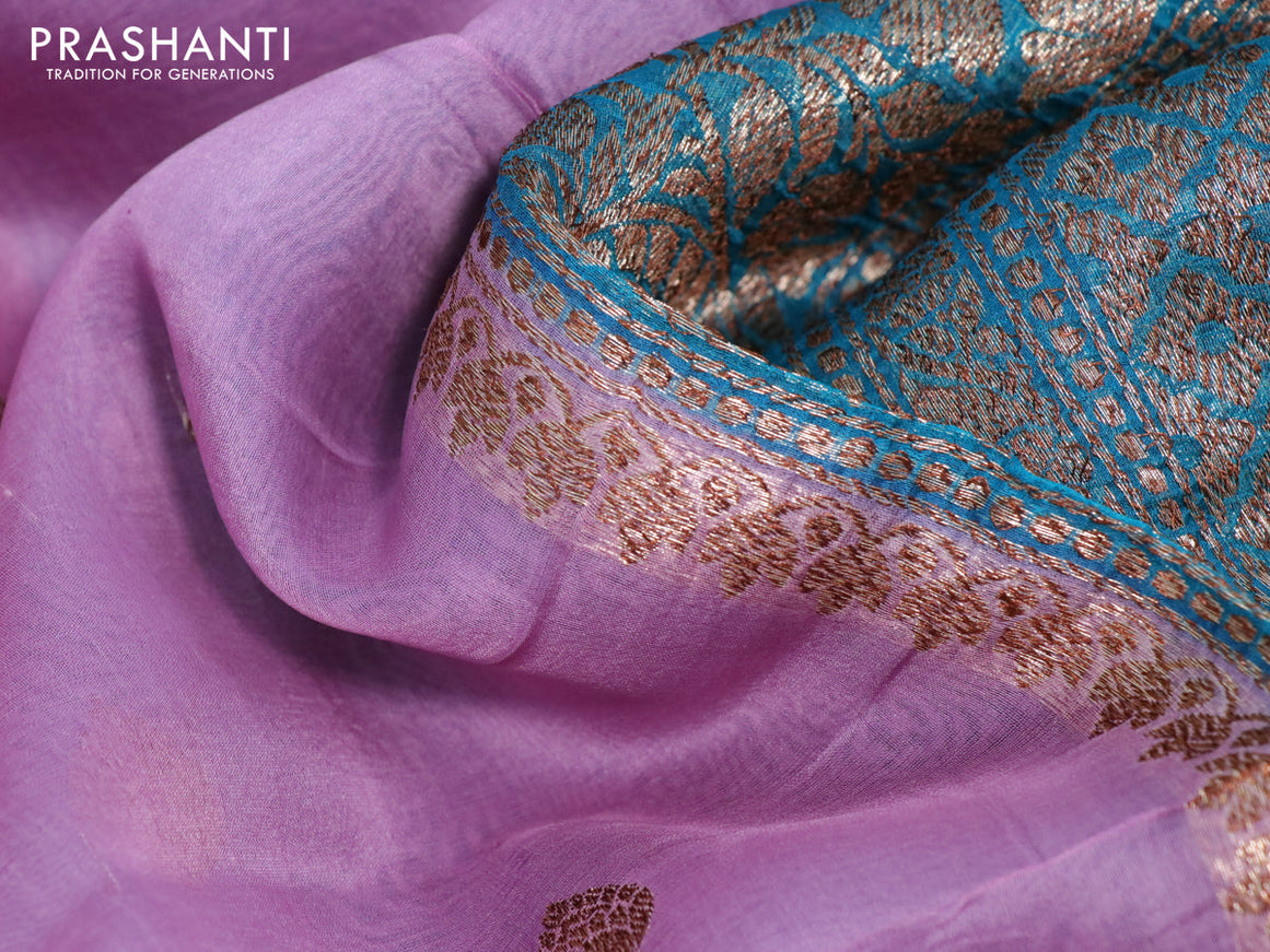 Banarasi organza silk saree mauve pink and teal blue with thread & zari woven buttas and banarasi style border