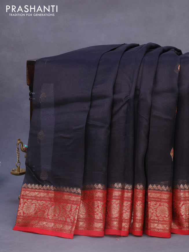 Banarasi organza silk saree black and red with thread & zari woven buttas and banarasi style border