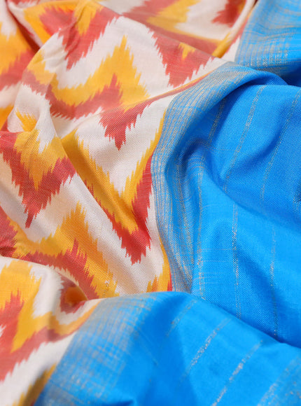 Pochampally silk saree multi colour and cs blue with allover zig zag weaves and long zari woven ikat style border