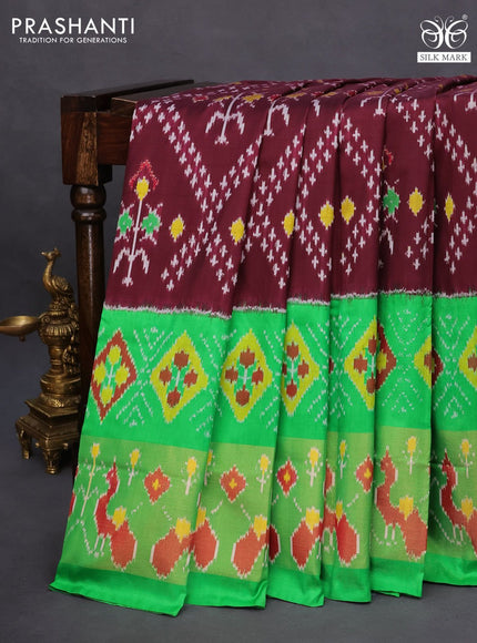 Pochampally silk saree deep maroon and light green with allover ikat weaves and long ikat woven zari border