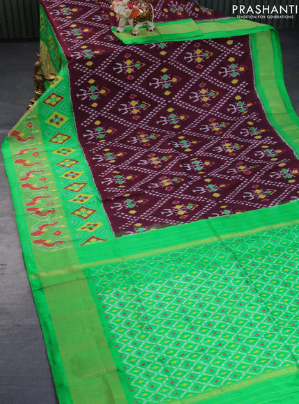 Pochampally silk saree deep maroon and light green with allover ikat weaves and long ikat woven zari border