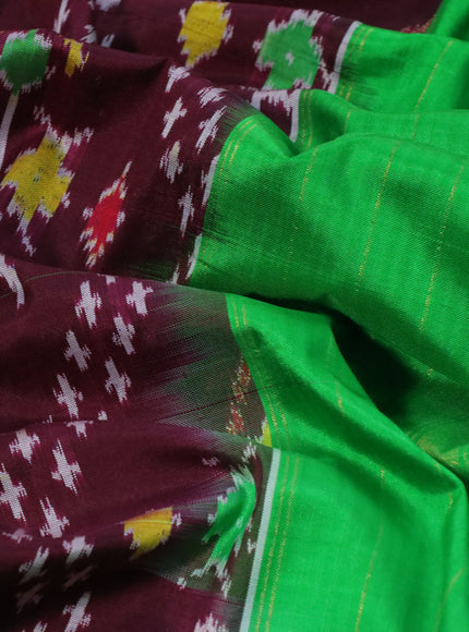 Pochampally silk saree deep maroon and light green with allover ikat weaves and long ikat woven zari border