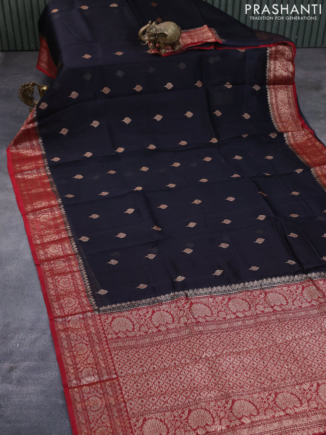 Banarasi organza silk saree black and red with thread & zari woven buttas and banarasi style border