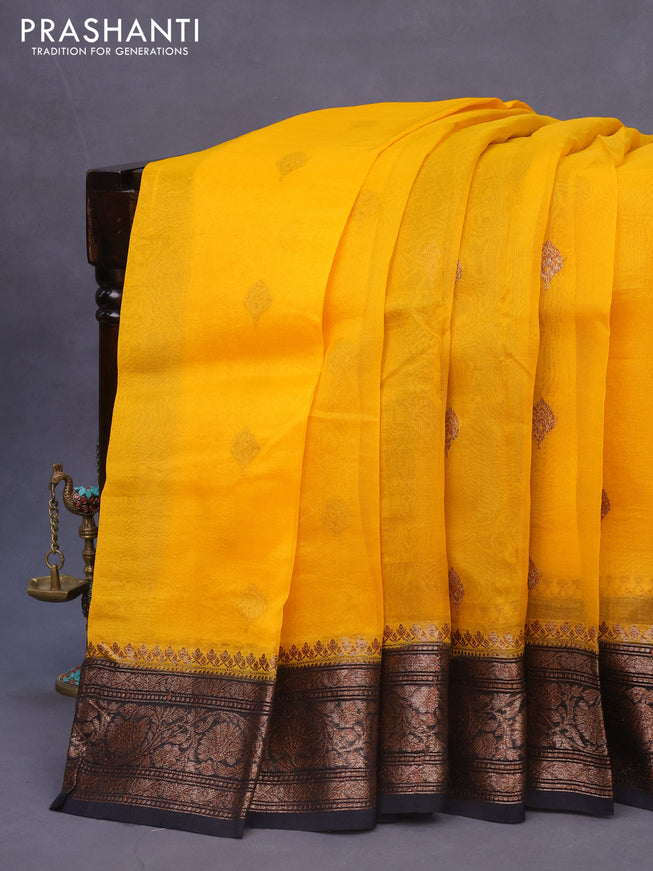 Banarasi organza silk saree mango yellow and black with thread & zari woven buttas and banarasi style border