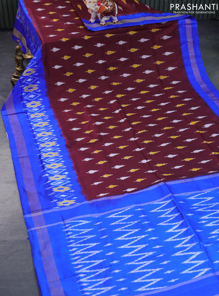 Pochampally silk saree deep maroon and blue with allover ikat butta weaves and ikat style zari border