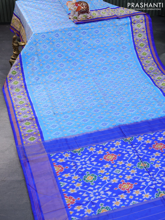 Pochampally silk saree light blue and royal blue with allover ikat weaves and zari woven ikat style border