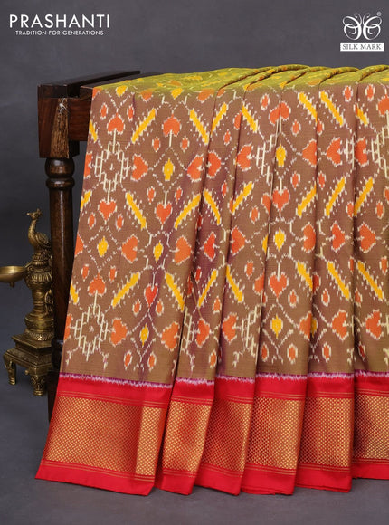 Pochampally silk saree dual shade of greenish purple and red with allover ikat weaves and zari woven border