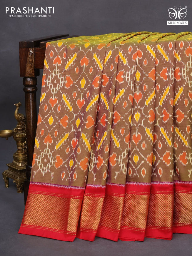 Pochampally silk saree dual shade of greenish purple and red with allover ikat weaves and zari woven border