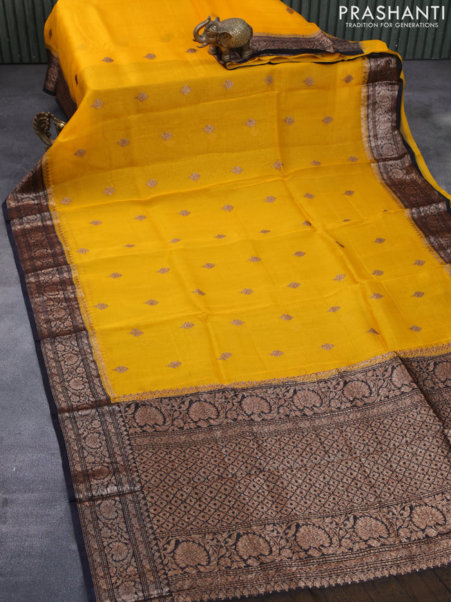 Banarasi organza silk saree mango yellow and black with thread & zari woven buttas and banarasi style border