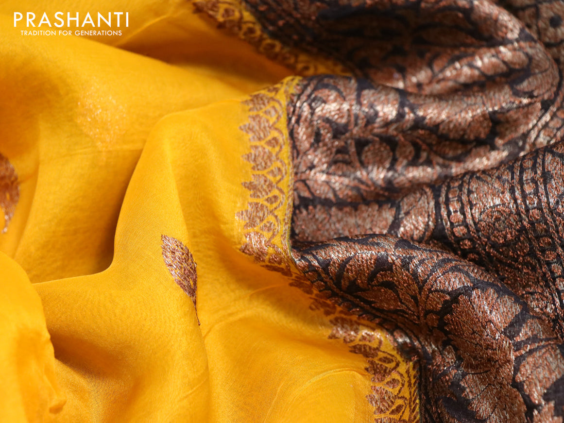 Banarasi organza silk saree mango yellow and black with thread & zari woven buttas and banarasi style border