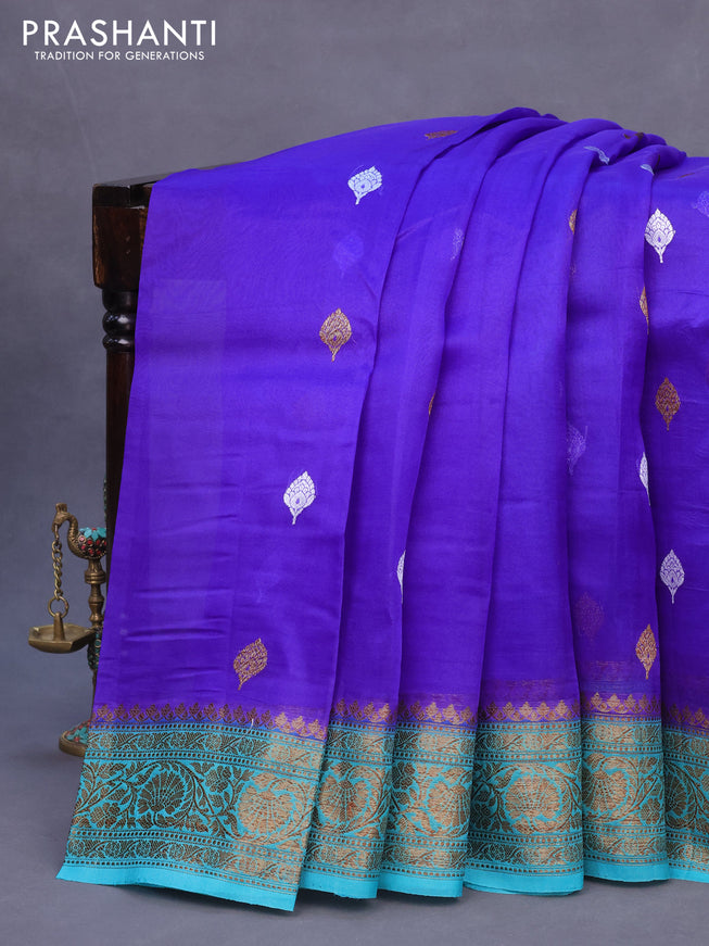 Banarasi organza silk saree royal blue and teal green with thread & zari woven buttas and banarasi style border