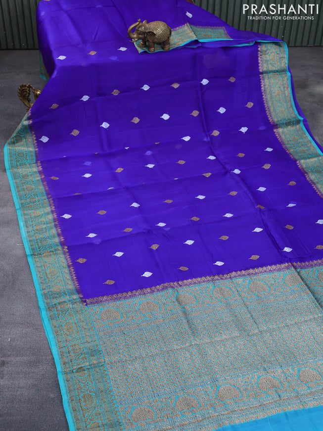 Banarasi organza silk saree royal blue and teal green with thread & zari woven buttas and banarasi style border