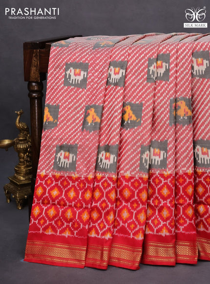 Pochampally silk saree grey and red with allover ikat weaves amd simple zari border