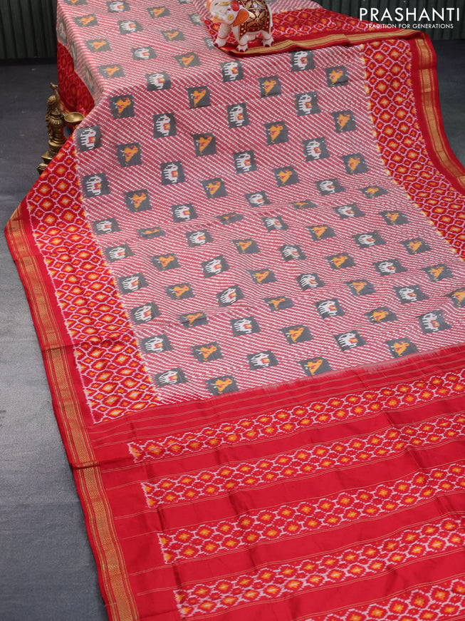 Pochampally silk saree grey and red with allover ikat weaves amd simple zari border