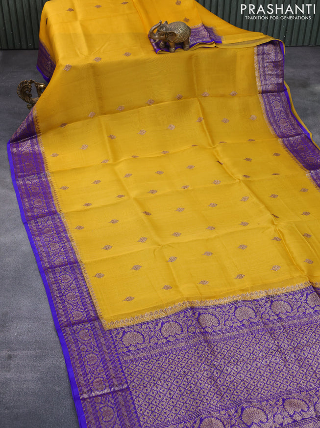 Banarasi organza silk saree mustard yellow and royal blue with thread & zari woven buttas and banarasi style border