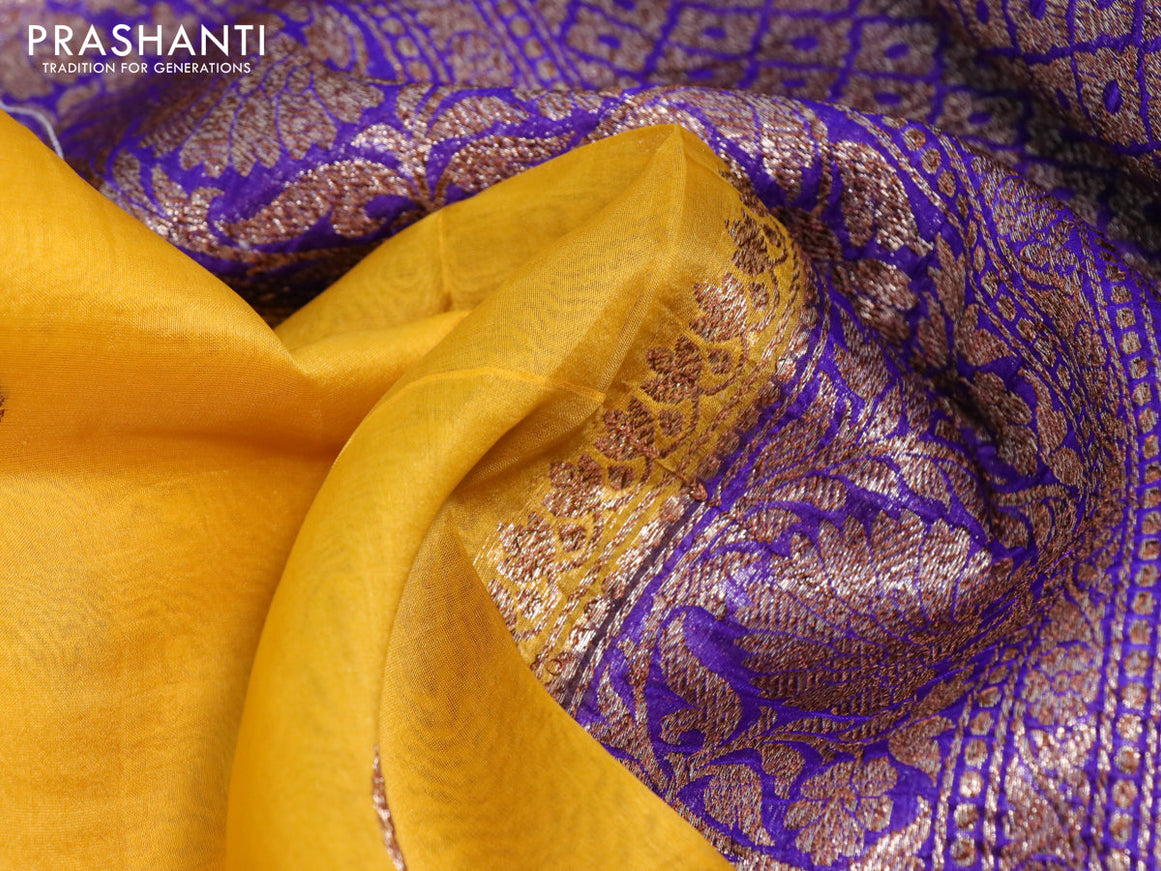 Banarasi organza silk saree mustard yellow and royal blue with thread & zari woven buttas and banarasi style border