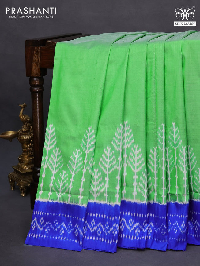 Pochampally silk saree light green and blue with plain body and simple border